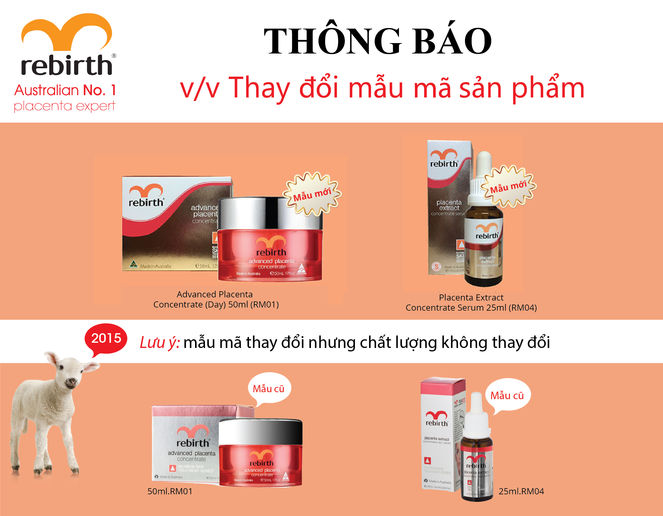 Thay đổi bao bì, thành phần không đổi của serum mờ nám nhau cừu đặc Rebirth